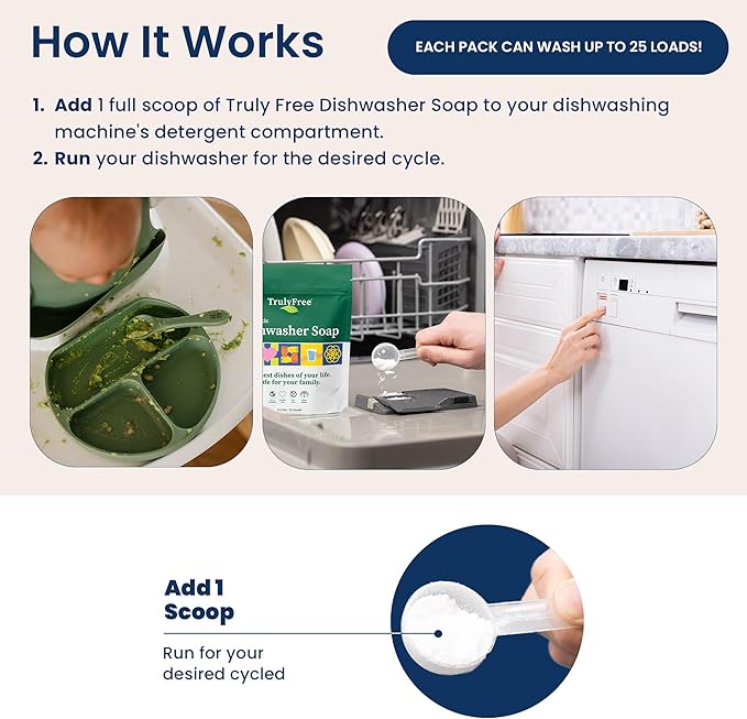 Truly Free Dishwasher Detergent Powder | Natural Dish Detergent, Dishwasher Soap | Plastic Free, Plant-Based, Clean, Heavy Duty Hard Water Stain & Grease Remover | Fragrance Free | 12.5 oz (Pack of 1)