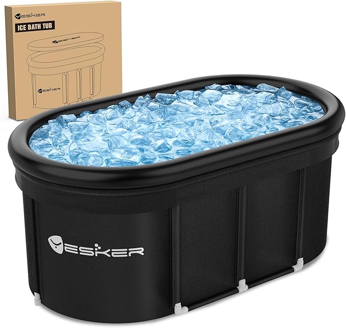 Yesker 110 Gal Oval Ice Bath Tub with Air Ring, Portable Multi-Layered Cold Plunge Tub with Lid for Athletes, Foldable and Inflatable, One Person Hot Bathtub at Gym, Yard, Home, Outdoors Use