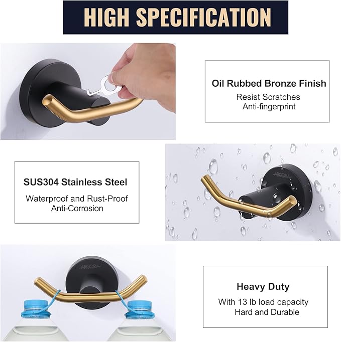 ARCORA Towel Hooks Black and Gold, SUS 304 Stainless Steel Wall Hooks, Heavy Duty Robe Hooks 1 Pack, Bathroom Towel Hooks for Wall