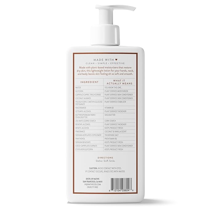 Native Body Lotion Contains Naturally Derived Plant-Based Moisturizers for Women and Men | Restores Dry Skin, Coconut & Vanilla, 16.5 fl oz