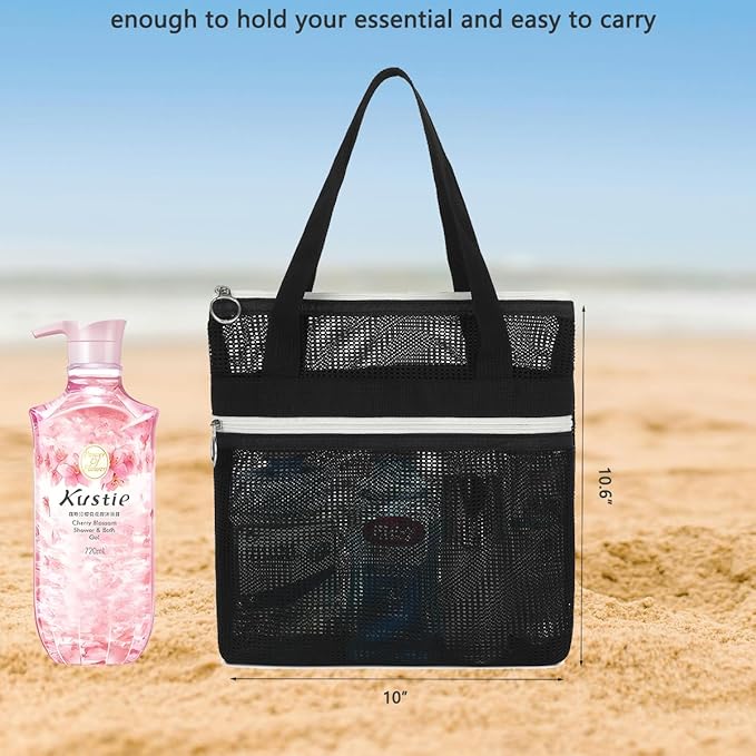 Mesh Shower Caddy Portable Shower Bag for Travel, Gym, Camping – Quick-Dry Hanging Toiletry Organizer with Zipper Pockets for Bathroom Essentials,Black