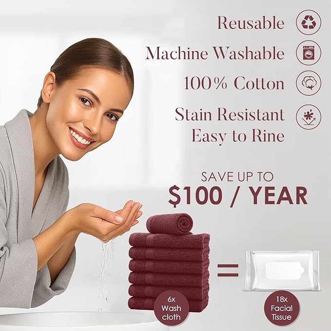 DAN RIVER 12-Pack Premium 100% Cotton Pomegranate Face Towels – Reusable Face Towel Set, Soft & Absorbent Luxury Wash Cloths for Bathroom & Body – Hand and Face Towels, 550 GSM (12x12 in)