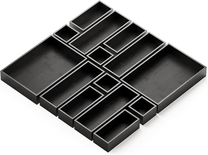 SpaceAid 14-Piece Bamboo Drawer Organizer Storage Boxes Set, Wood Tray Junk Drawer Organizers Multi-Use Divider Bins for Kitchen, Bathroom, Office Desk and Makeup Organization (14 Pack, Black)