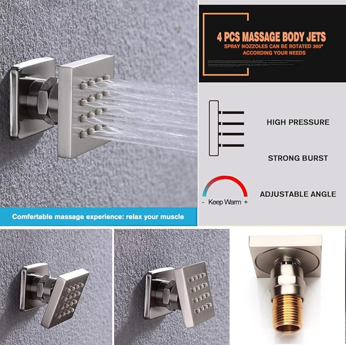 Full Body Shower System Concealed Shower Faucet Set with Body Massage Jets 10 Inch Shower Head Trim Kit 3 Function Wall Mount High Pressure for Bathroom