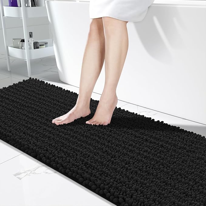 Yimobra Bathroom Runner Rug 70x24 Inch - Extra Long Non Slip Chenille Bath Mat, Soft & Absorbent, Machine Washable Shaggy Hallway Carpet for Vanity Tub Shower, Black Home Decor Accessories