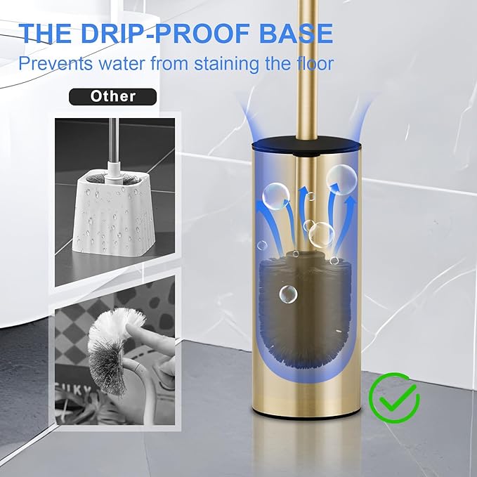 304 Stainless Steel Toilet Bowl Brush and Holder Set, Circular Floor Toilet Brush Holder, Long Handle, Bathroom Heavy-Duty Cleaner, High-End Cylinder Wall,2 Brush Head (Brushed Gold) YIGUANXIN