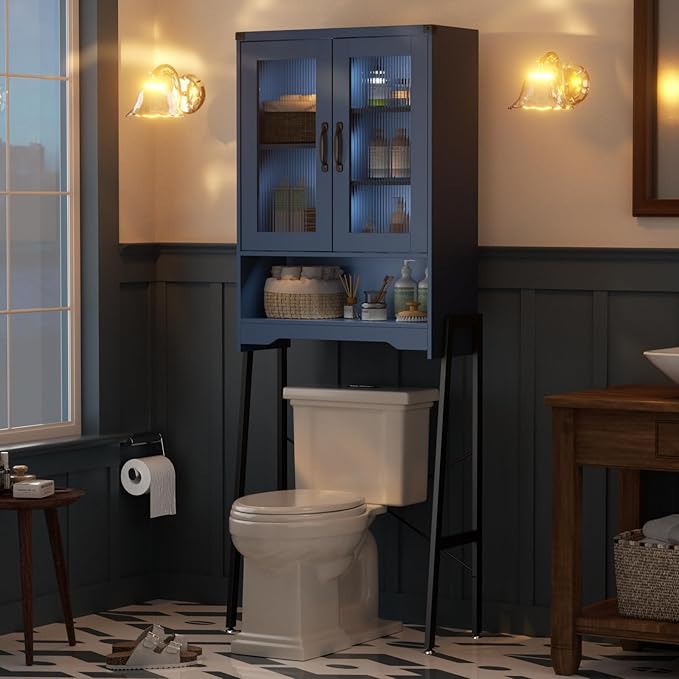 Over The Toilet Storage Cabinet with Tempered Glass Doors and Adjustable Shelf, Bathroom Organizer with Metal Stand Space Saver Over Toilet , Modern Toilet Rack for Bathroom, Restroom, Laundry, Blue