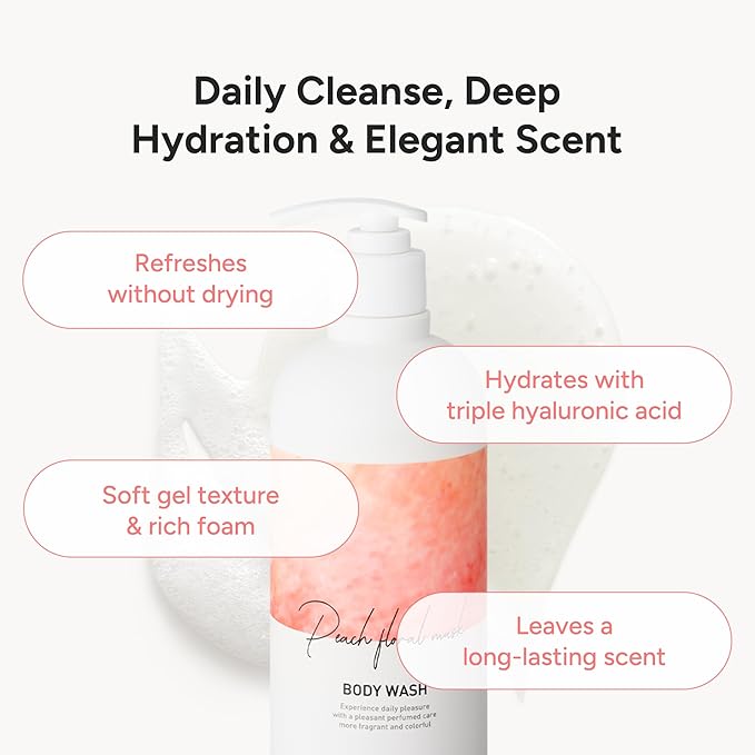 Korean Body Wash with Hyaluronic Acid & Aloe – Hydrating Moisturizing Cleanser for All Skin – Infused with Natural Extracts – Paraben & Silicone-Free – Peach Floral Musk, 500ml / 16.9 fl oz