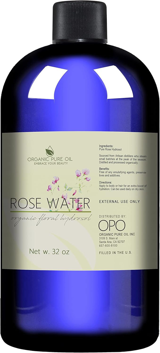 32 oz Rose Hydrosol Water – 100% Pure Rosewater Spray Mist Bulk – Hydrating Face Toner Rose Water for Skin and Hair Linen Spray for Sheets Room Freshener Body Spray Refill by Organic Pure Oil