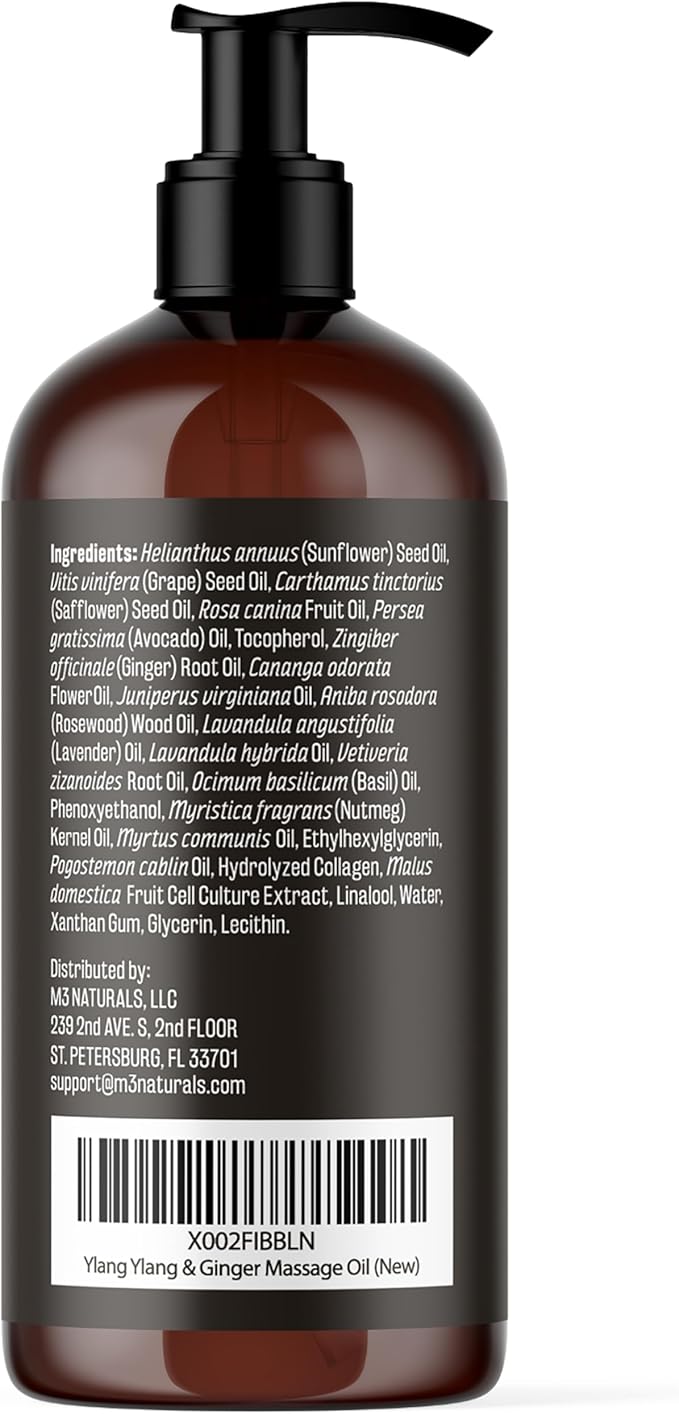 Ylang Ylang + Ginger Lymphatic Drainage Massage Oil – with Collagen & Stem Cells for Circulation, Detox & Cellulite Removal – Body Oil for Muscle Relief, Skin Firming & Relaxation – 8oz by M3 Naturals