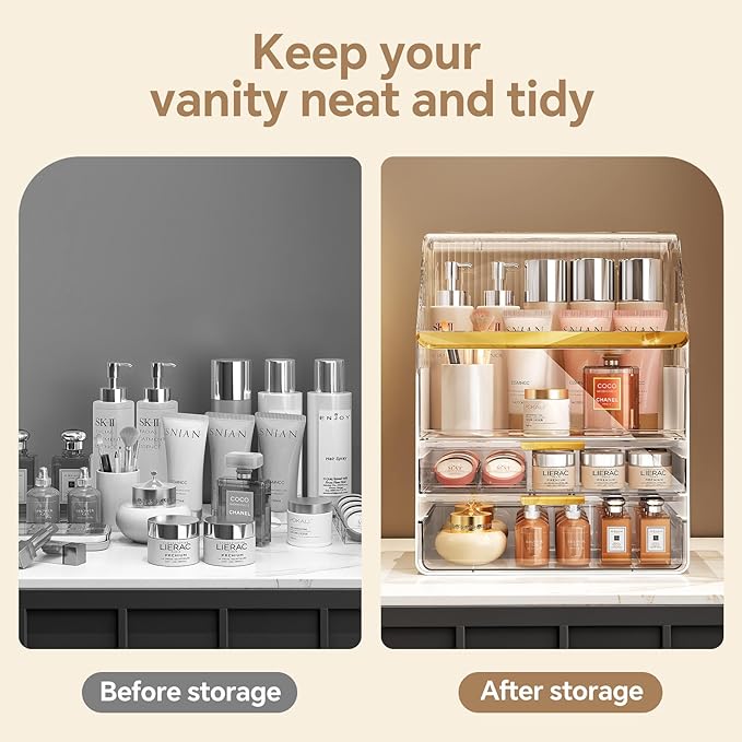 Makeup Organizer Countertop with Lid, Skincare Organizers for Vanity, 3 Tiers Clear Makeup Storage Cosmetic Display Cases Holder for Bedroom Bathroom Dresser Desk Countertop