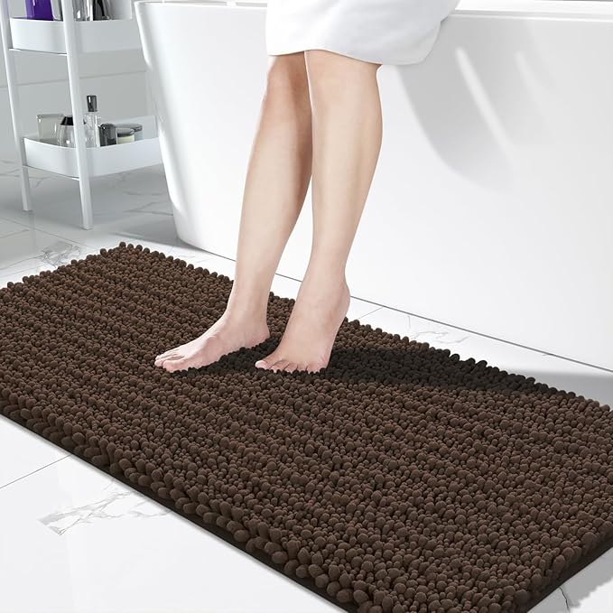 Yimobra Bathroom Runner Rug 60x24 Inch - Extra Long Non Slip Chenille Bath Mat, Soft & Absorbent, Machine Washable Shaggy Hallway Carpet for Vanity Tub Shower, Brown Home Decor Accessories