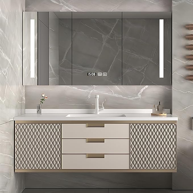 64IN Modern Bathroom Vanity - Wall-Mounted Bathroom Cabinet with LED Light | Intelligent Defogging Mirror Cabinet Includes Time Display Function, 2 Drawers & 2 Storage Cabinets (Style A)
