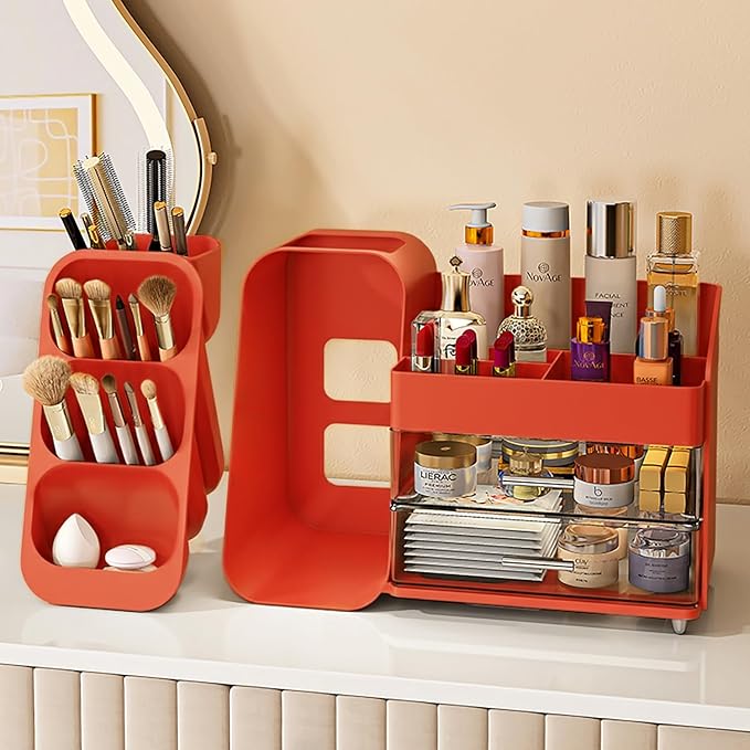 Makeup Organizer with Drawers for Vanity,Spacious Cosmetic Display Case,Perfect Storage Solution for Your Beauty Essential (Red)