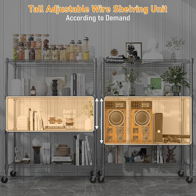 Himimi 4-Tier Heavy Duty Steel Wire Rack Storage Shelving, Adjustable Metal Storage Shelves with Wheels, 72''H Wire Shelf for Kitchen Garage Basement Pantry Organization, 18" D×36" W×72" H-Silver