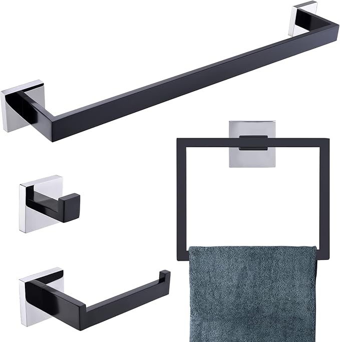 Bathroom Towel Bar Holder Sets Black and Polished 4-Piece Bathroom Hardware Set Stainless Steel Bath Accessories Kit. Wall Mounted,23.6 Inch