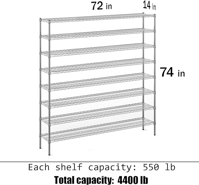 14" Deep x 72" Wide x 74" Height Wire Shelving Kit | 8-Tier | NSF Commercial Storage Rack Unit
