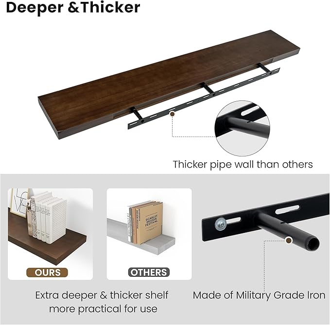 Vivelove Solid Wood Rustic Floating Shelves 36 Inch Long, 8 inch Deep Floating Wall Shelves for Living Room Kitchen Bedroom Bathroom Office, Farmhouse Home Decor, 1 Pack, Dark Walnut, Pine Wood