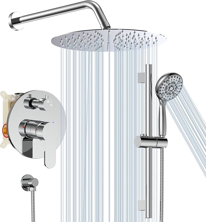 SR SUN RISE 12 Inch Shower System, Slide Bar Shower Faucets Sets Complete Round Shower Heads and 6-Spray Handheld Combo, Wall Mounted Dual Shower Set Included Valve and Trim Kit, Polished Chrome