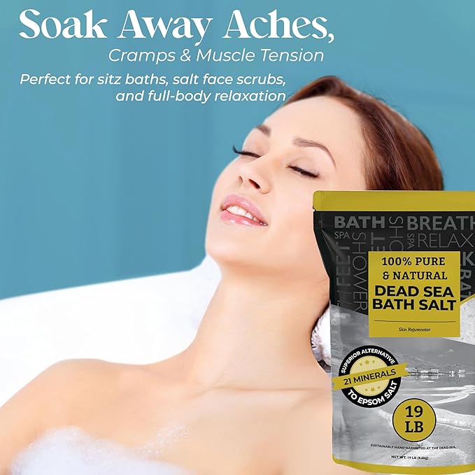 Aromasong Dead Sea Salt - Spa Bath Salt - 19 Lbs Fine Grain Bulk - 100% Pure - Better Absorbing Than Epsom Salt - Soak for Women & Men for Skin Issues and to Relax Tired Muscles - Resealable Pack.