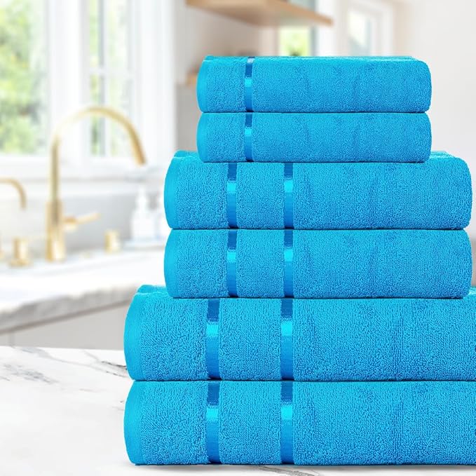CASA COPENHAGEN Eternal 6 Pieces Towel Set-Teal Blue, 500 GSM 2 Bath Towel 2 Hand Towel 2 Washcloth, Designed in Denmark Made of Soft Egyptian Cotton for Bathroom, Kitchen & Shower