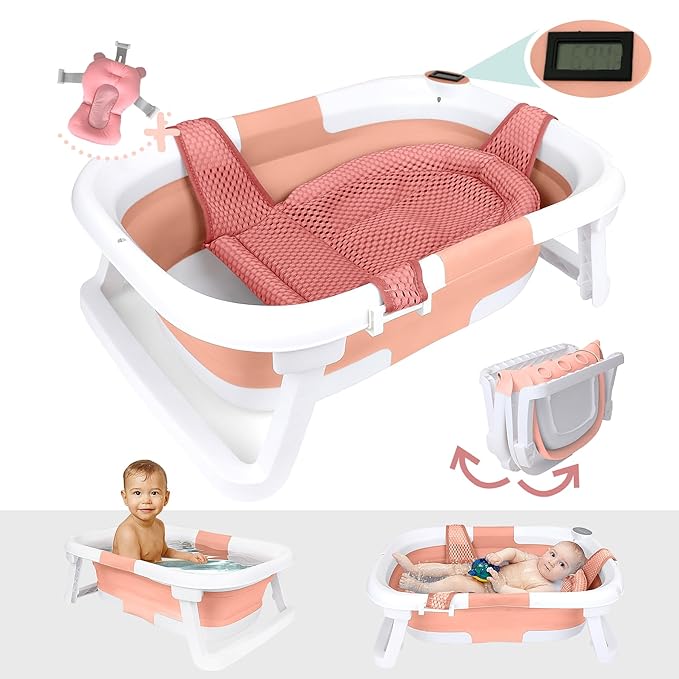 BEBELEH™ Collapsible Baby Bathtub with Thermometer – Bathtub + Baby tub Sling + Newborn Sling – Baby Bathtub Newborn to Toddler 0-24 Months – The Ultimate Baby Bath tub! (with Thermometer,Pink)