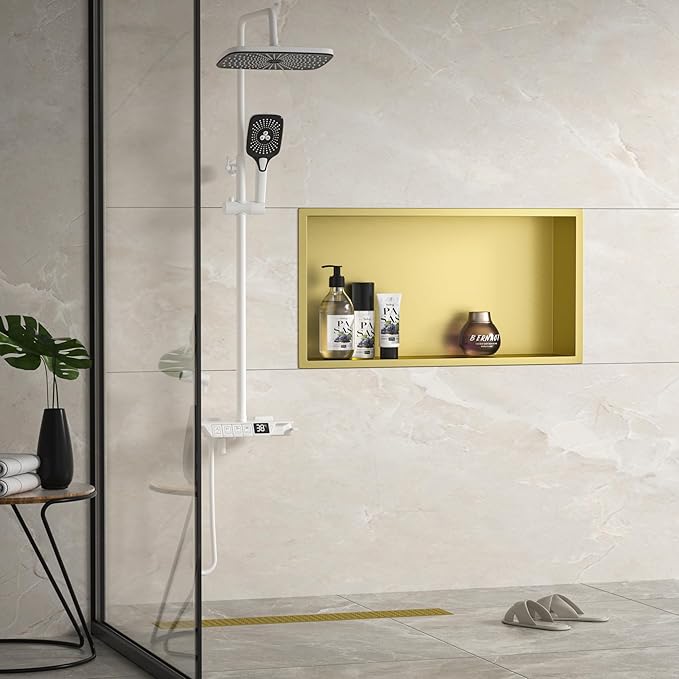 Stainless Steel Shower Niche 24" X 12" Gold No Tile Needed Horizontal Niche Shower Recessed Wall Niches for Bathroom Storage Over Mount Installation