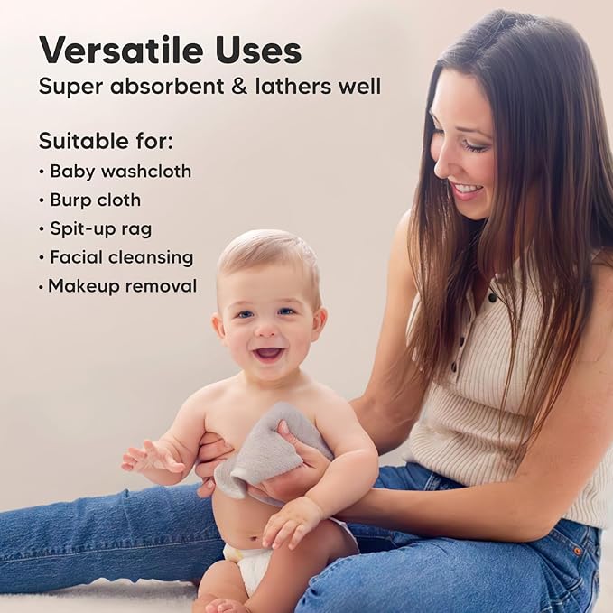 6-Pack Baby Washcloths - Soft Absorbent Viscose from Bamboo Wash Cloths for Babies, Kids, Toddlers, Infant, Newborn Bath Towels, Gentle on Sensitive Skin, 10x10 Reusable Face Towels (White/Stone)