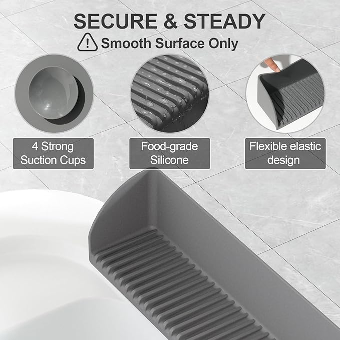 2 Pack Splash Guard for Bathtub & Sink - Silicone Kids Bath Splash Guard Shelf, Bath Toy Tray Holder, Tub Water Splash Guard with 4 Suction Cups, Bathroom Accessories for Children, Toddler Bath, Grey