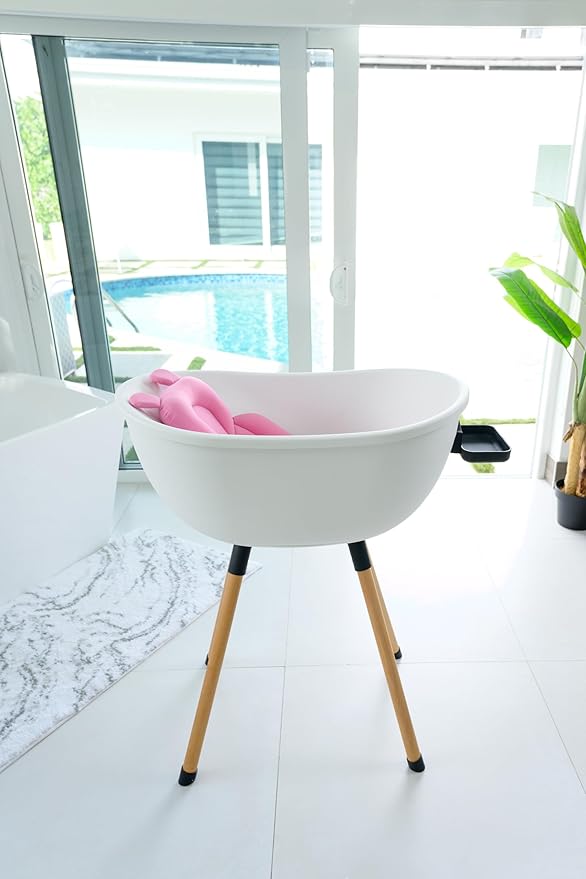 Luxury Baby Bathtub with Wooden Stand – 3-Stage Convertible, Ergonomic & Back-Saving Design (Pink Bundle)