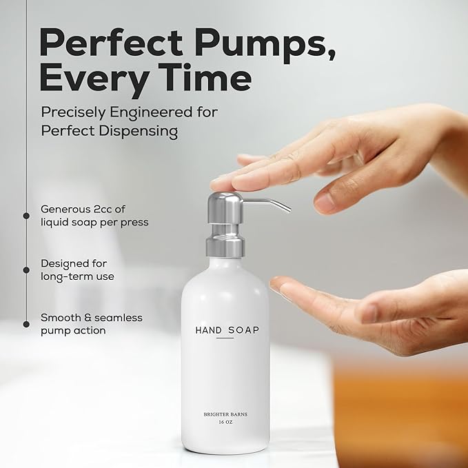 White Glass Hand and Dish Soap Dispenser Set by Brighter Barns - Modern Kitchen Soap Dispenser Set & Pump for Sink - Farmhouse Home Decor, Minimalist Kitchen Accessories (White)