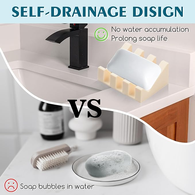 Silicone Soap Dish with Drain, Upgrade Double Suction Cups at The Bottom for Anti-Slip and Stability, Soap Dish Shower Waterfall Bar Soap Holder Tray with Drain Soap Holder (1, CreamWhite)