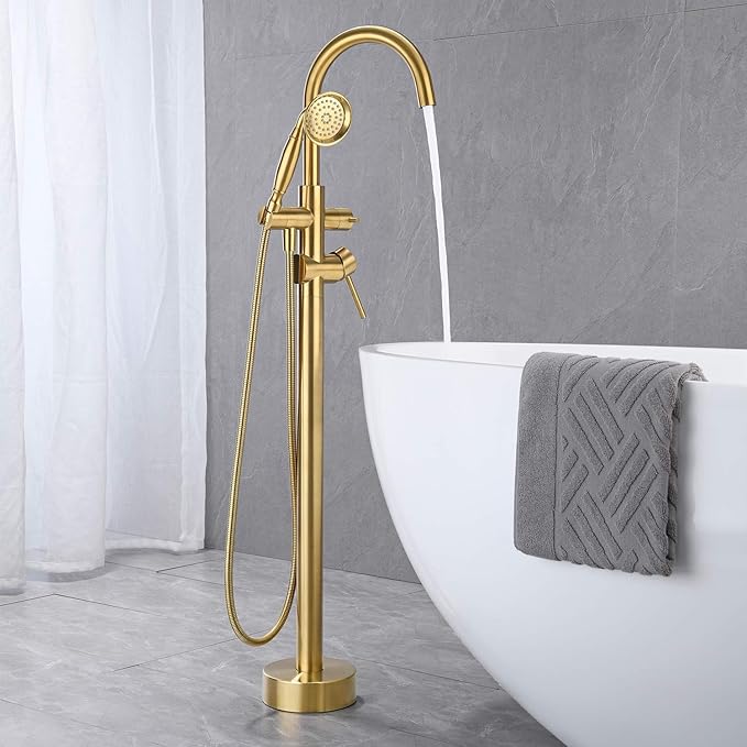Tub Filler Freestanding Bathtub Faucet Brushed Gold Floor Mounted Brass Bathroom Tub Faucets with Hand Shower