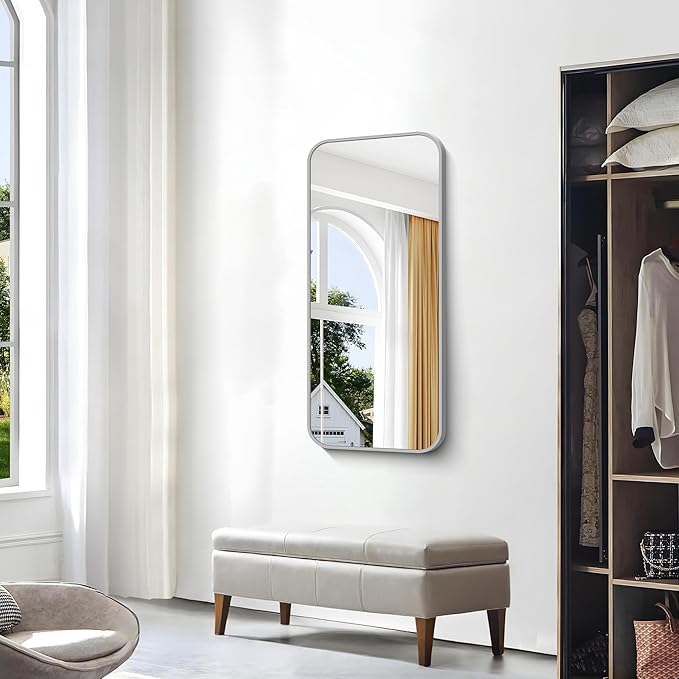 BONEWEI Silver Bathroom Mirror,20x40 inch Wall Mirror for Bathroom Wall Mounted,Rectangle Mirror for Bathroom Over Sink,Modern Frame Round Corner for Living Room,Bedroom Entryway,Horizontal/Vertical