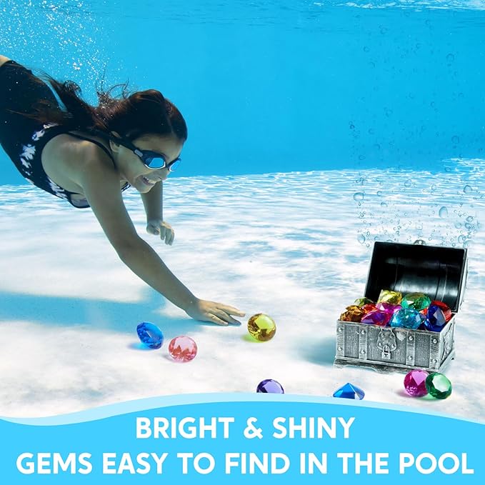 Sloosh Diving Gems Pool Toys,16 Big Colorful Diamond with Pirate Treasure Chest,Swim Dive Toy for Kids Underwater Gemstone Swimming Training Gift Water Toys Pool Games(Silver)