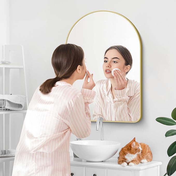 Arched Bathroom Mirror, 26"x38" Gold Arched Mirror for Bathroom, Wall Mounted Mirror, Vanity Wall Mirror Metal Frame for Bedroom, Entryway, Living Room, Hanging or Leaning Against Wall