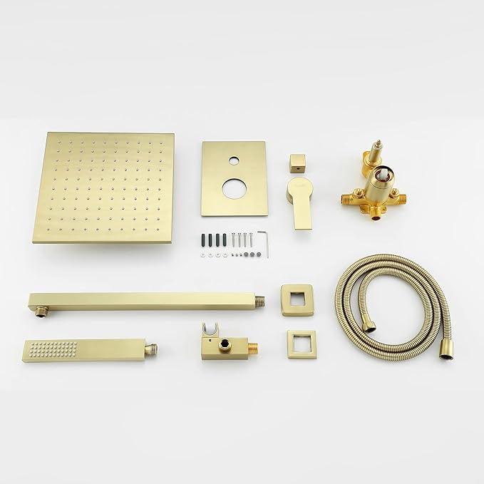 SHAMANDA Brass Rainfall Shower System, Luxuly Bathroom Shower Faucet Combo Set Brushed Gold(Including Rough-In Valve Body and Trim), L70001-3