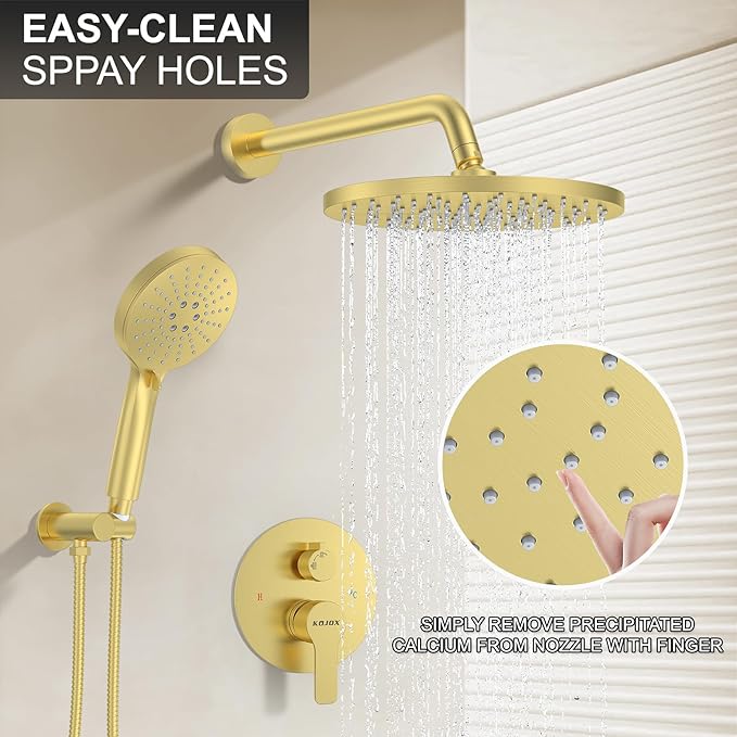 KOJOX Shower Set - Brushed Gold Finish, Powerful High Pressure Showerhead System with 3 Adjustable Settings and Handheld Capability, Valve Included