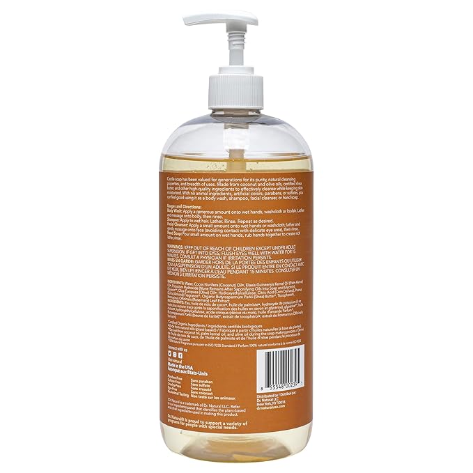 Dr. Natural Castile Liquid Soap - Multi-Use Body Wash, Shampoo and Face Wash - Hydrating Body Soap for Skin, Hair, Pets and Home - Almond - 32 oz.