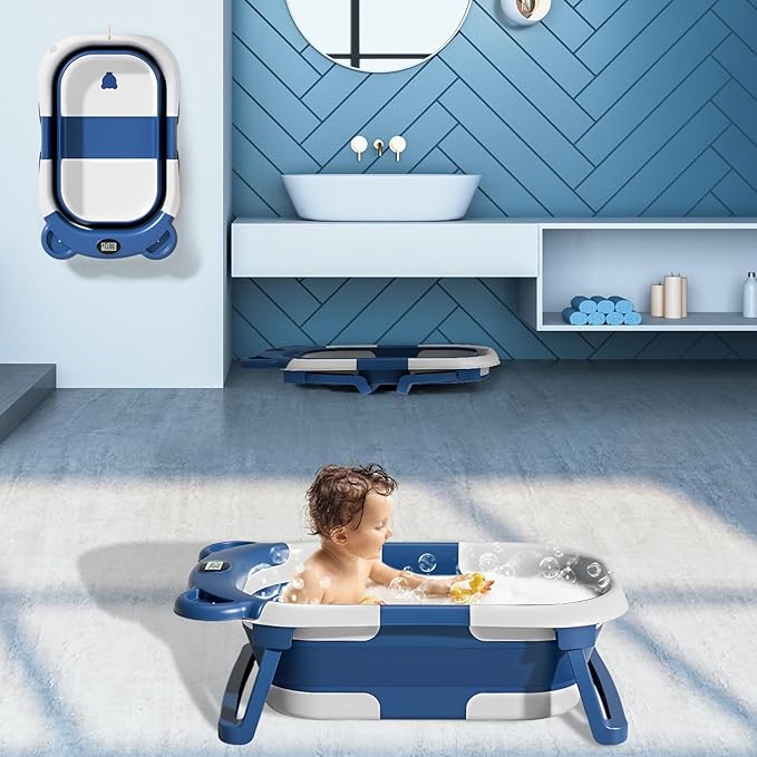 MoreFeel Collapsible Baby Bathtub for Newborn with Thermometer & 1 Soft Floating Cushion & 1 Bath Net,Portable Travel Bathtub with Drain Hole, Durable Foldable Baby Tubs for Infants to Toddler