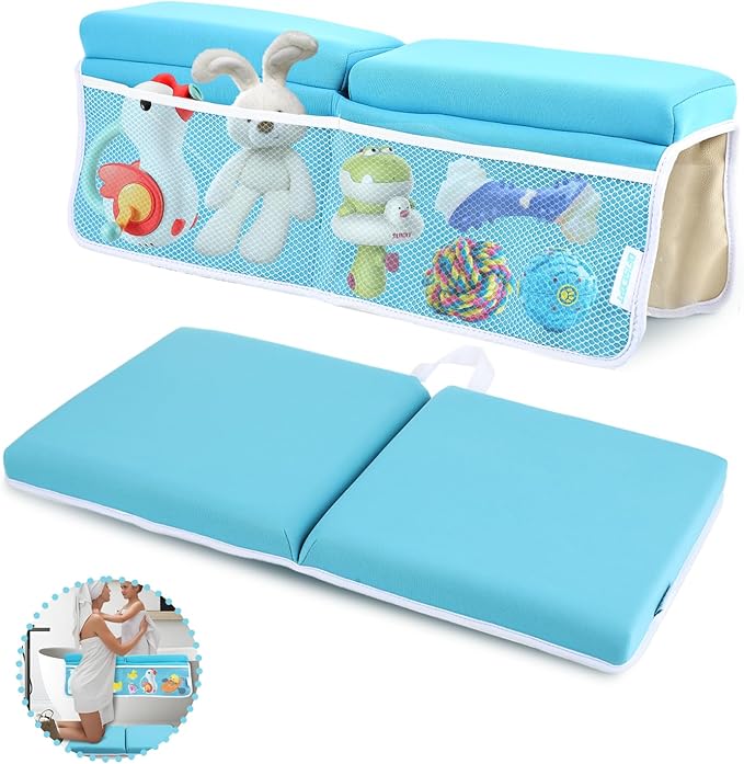 Bath Kneeler and Elbow Rest Pad, Thick Quick Dry Kneeling Mat, Large Bathtub Pad with Toy Organizer for Baby Bathing (Blue)