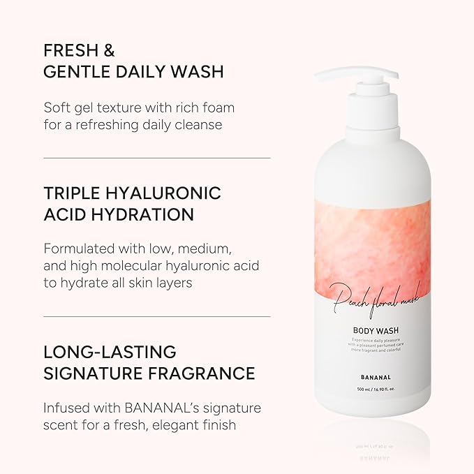 Korean Body Wash with Hyaluronic Acid & Aloe – Hydrating Moisturizing Cleanser for All Skin – Infused with Natural Extracts – Paraben & Silicone-Free – Peach Floral Musk, 500ml / 16.9 fl oz