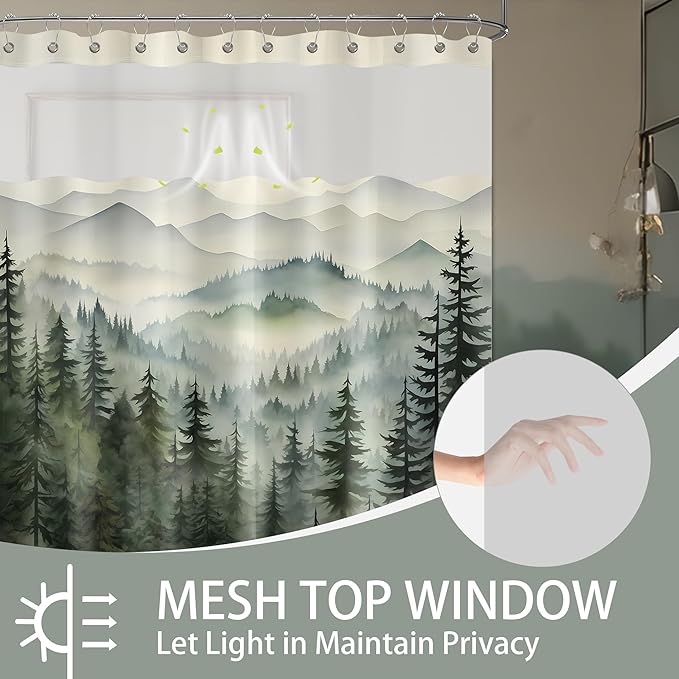 Forest See Through Mesh Top Shower Curtain with Window, Nature Mountain Double Layer Shower Curtains with Snap in Liner with Magnets, Waterproof Cloth Fabric with Hooks, 71" W x 72" L