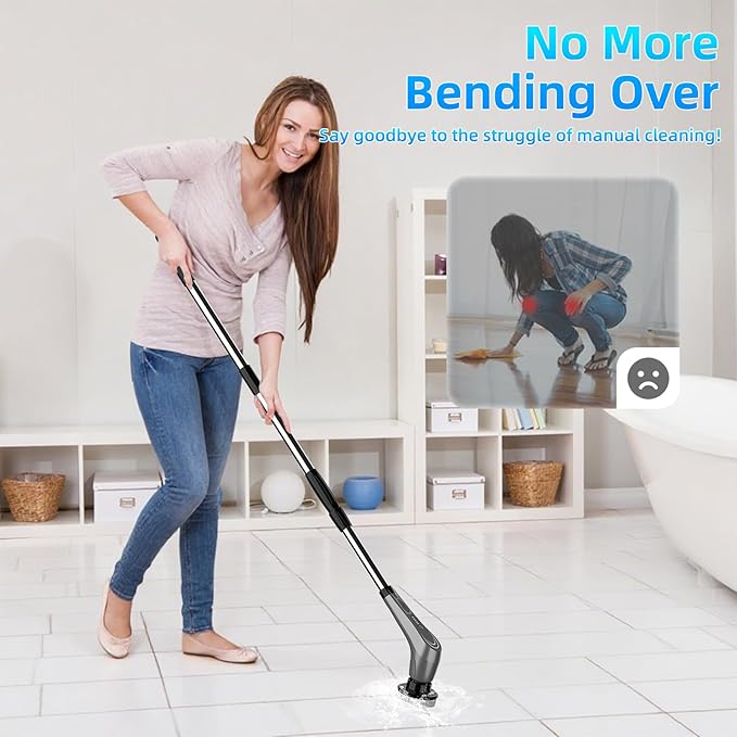 Gray Electric Spin Scrubber, Cordless Spin Scrubber with 8 Replaceable Brush Heads, Electric Scrub Brush with Adjustable Extension Handle, Electric Cleaning Brush for Bathroom, Tile and Bathtub