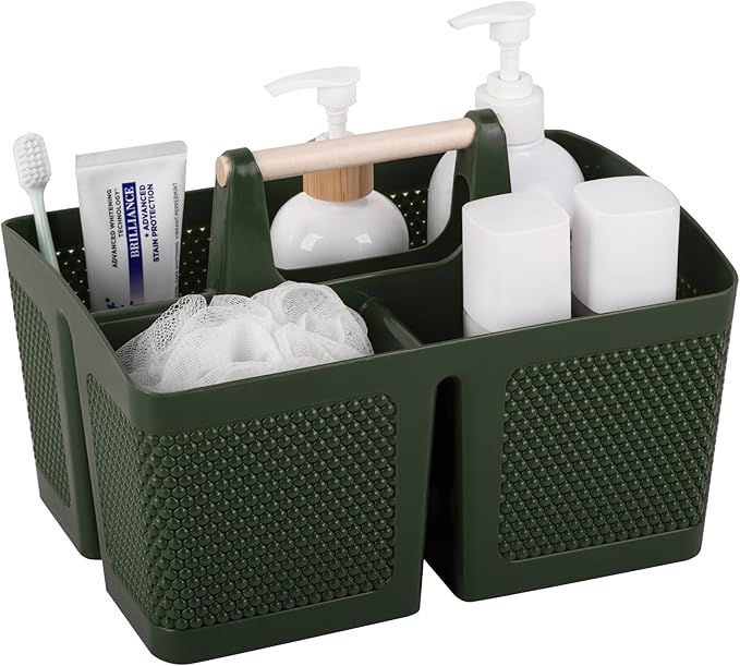 rejomiik Portable Shower Caddy Basket Plastic Cleaning Caddy Organizer Storage Tote with Handle for Bathroom, College, Dorm Room Essentials, Dark Green