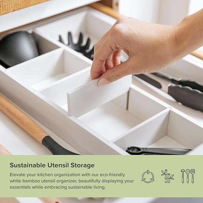 KitchenEdge Adjustable Kitchen Drawer Organizer for Utensils and Junk, Food-Safe Contract Grade with 100% Sustainable Wood, Expandable from 16 to 28 Inches Wide - White Bamboo