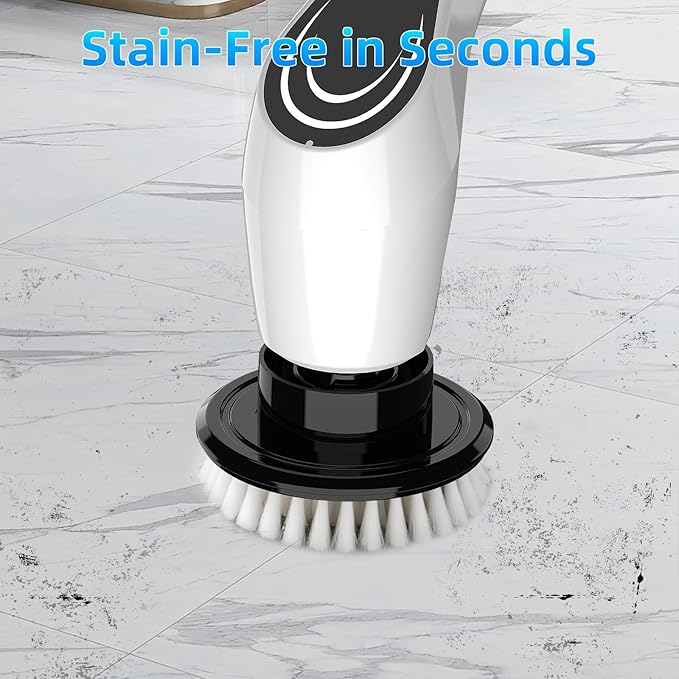 White Electric Spin Scrubber, Cordless Spin Scrubber with 8 Replaceable Brush Heads, Electric Scrub Brush with Adjustable Extension Handle, Electric Cleaning Brush for Bathroom, Tile and Bathtub