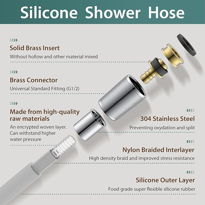 Silicone Shower Hose Extra Long,Explosion Proof Anti Winding Showerhead Hose,Used In Showerheads Spray Bidet Bathing Toilet Cleaning Flexible RV Shower Hoses Replacement (Silver, 59 In)