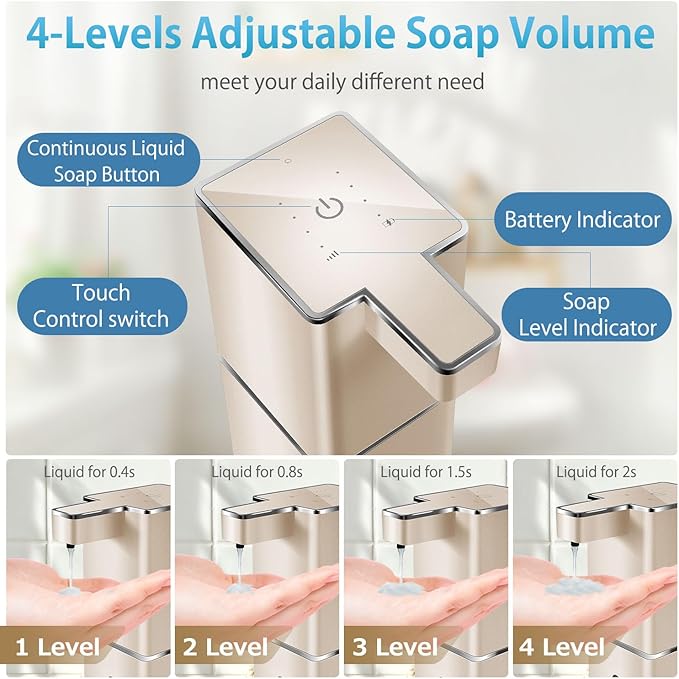 Automatic Liquid Soap Dispenser Touchless Soap Dispenser 380ml/12.8oz Rechargeable, Wall Mounted,4 Levels Adjustable Auto Soap Pump for Bathroom Kitchen Dish Soap