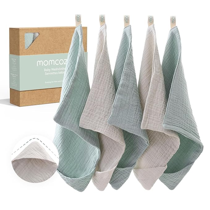 Momcozy Baby Washcloths - 4 Layer Design| Medium Thickness| Soft & Absorbent| Premium Cotton for Newborns' Skin-Great for Bathing, Wiping & on-the-go Use, Shower Gift and Essential(5 Pack, 10x10 inch)